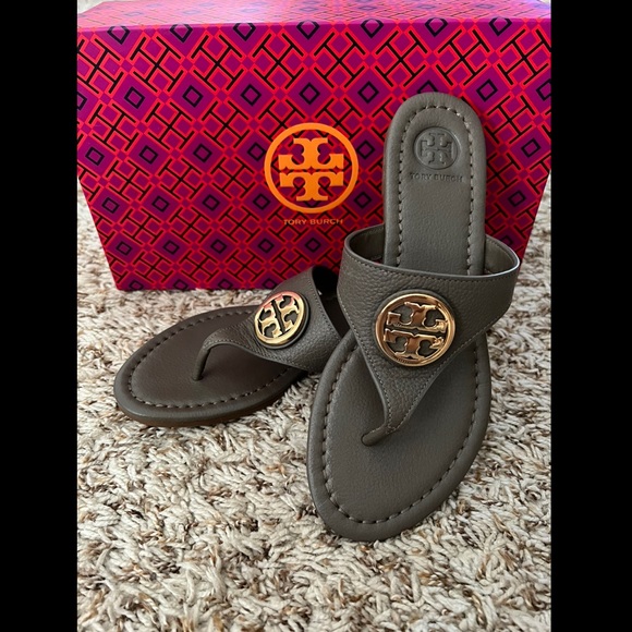 Tory Burch Shoes - Tory Burch Judy Thong Leather Sandals in Gray “Ocean Mist”